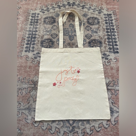 Hand Embroidered Peach ‘Just Peachy’ Tan Canvas On The Go Tote Bag - Picture 1 of 5